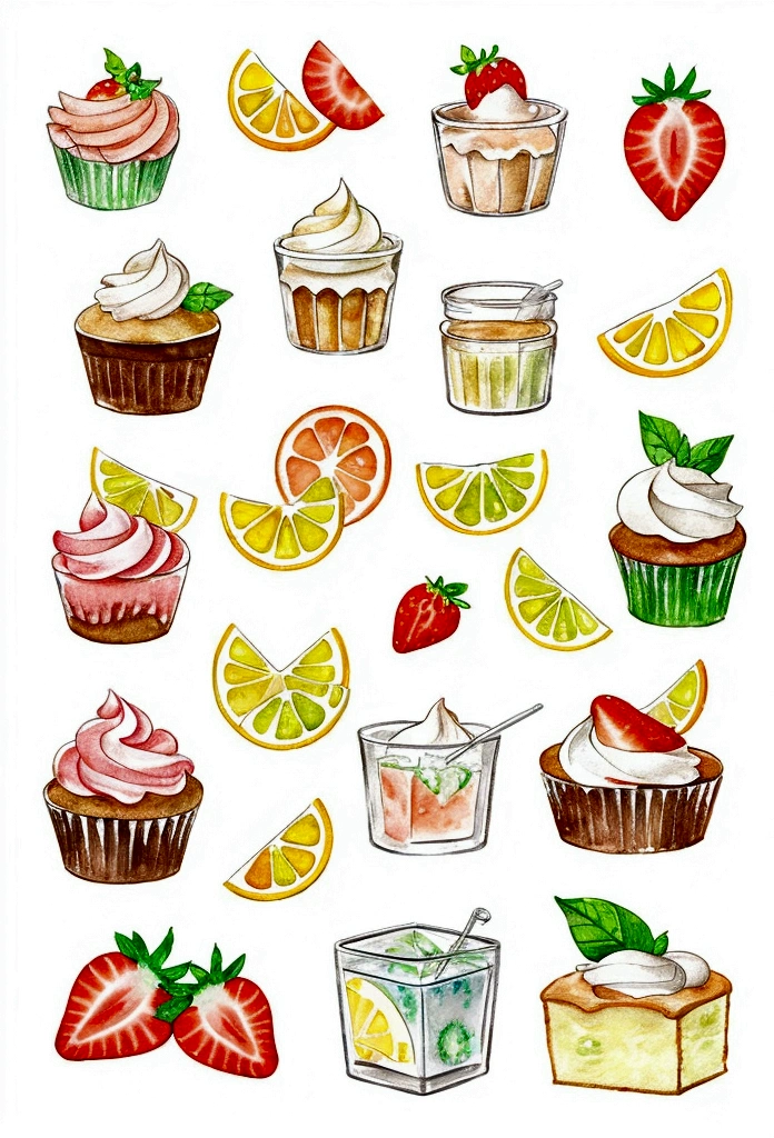 (pastel colors:1.2)、(Cute illustrations:1.2)、(watercolor painting:1.2)、White background、Floral、Green Leaf、strawberry, orange, fruit、shortbread、citric acid、acid、甘acidっぱい、Overall light pinkish green,,,、Nonsense、Bread、cooking、Cup cake、Tiramisu、Cream cake、candy、afternoon tea、Sweet、Light Particles、drink、ice cube、still life photography