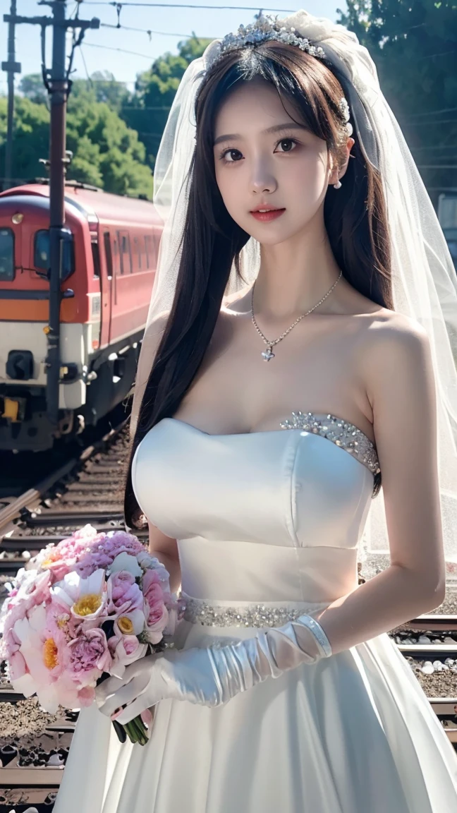 (((Pixel Perfect, Perfect details))), Solitary, 1 girl,bride, Yuigahama Yui, Keep your mouth shut,pink glossy lips,穿著bride禮服的特写,Gulwitz, (((bride頭紗))),(Transparent short veil),blush,Eyeshadow,Blushing face,Flower head,headgear,((Bouquet)),((((tube top wedding dress)))),(((Strapless Wedding Dress))),(Bare shoulders),Pure white dress,(((necklace))),((earrings)),(large breasts:1.3),Bangs,Lipstick,((White long elbow gloves)),Half-length photo,High Detail RAW Color Art,White long skirt,There is a railway track next to it,(standing on the railroad tracks:1.3),18 years old, (Long twin tails:1.5), Black Hair,night,Rainy Day