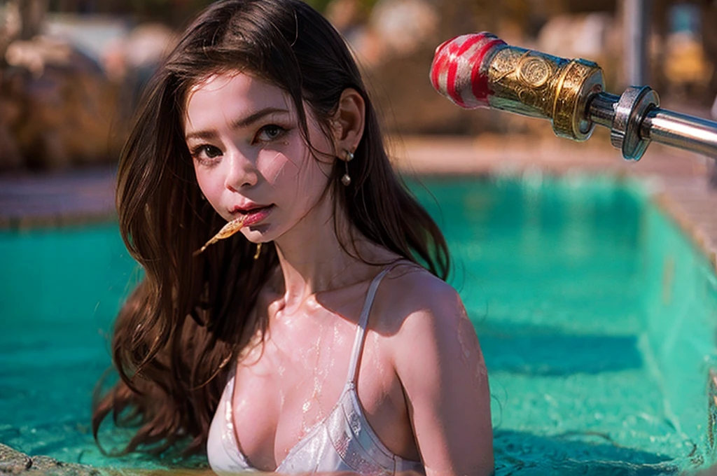 a beautiful young woman with tan skin, holding a large  in her mouth, with a flat , close-up side view, 18-year-old female close-up from above, face covered in white slime, looking sadly at the camera, drooling, teary eyes, entire body wet, covered in a high viscosity transparent liquid