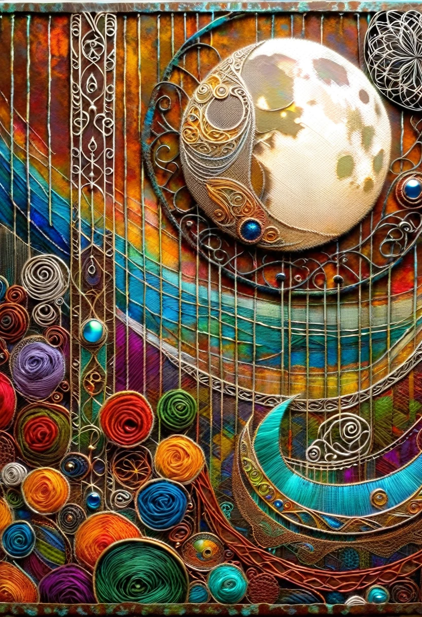 decorative rusty metal sign with a drawing of an embroidered fabric and a moon, artwork inspired by Dave McKean, vivid colors, intricate details, oil painting.
