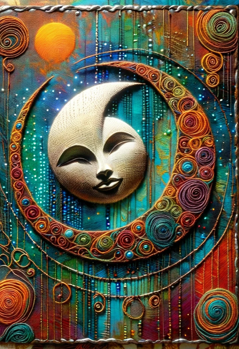 decorative rusty metal sign with a drawing of an embroidered fabric and a moon, artwork inspired by Dave McKean, vivid colors, intricate details, oil painting.
