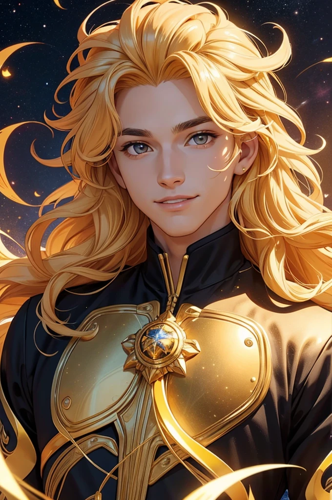 Create a unique man., Inspired by the symbol of Leo and the stars in the universe. An artistic representation of the essence of this symbol., With outstanding features and a mysterious aura., Leaving a trace of gold and golden light as evidence., Golden yellow hair and a confident smile Make the pride of Leo clear in essence with long, curly and voluminous hair representing the mane.