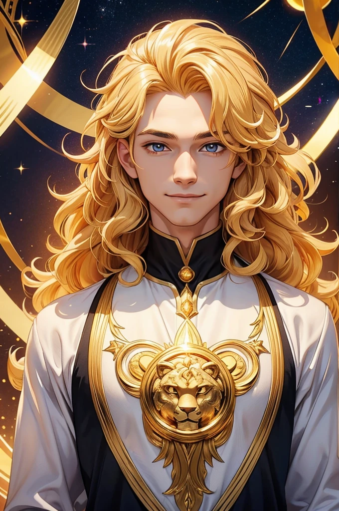 Create a unique man., Inspired by the symbol of Leo and the stars in the universe. An artistic representation of the essence of this symbol., With outstanding features and a mysterious aura., Leaving a trace of gold and golden light as evidence., Golden yellow hair and a confident smile Make the pride of Leo clear in essence with long, curly and voluminous hair representing the mane.