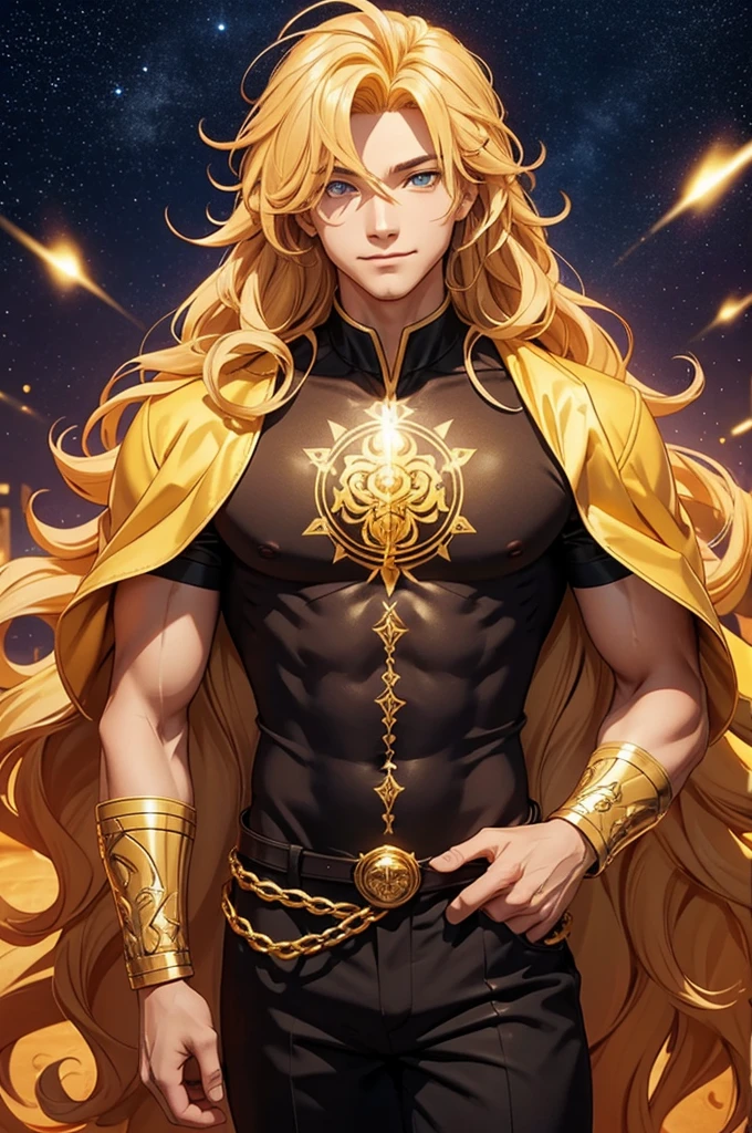 Create a unique man., Inspired by the symbol of Leo and the stars in the universe. An artistic representation of the essence of this symbol., With outstanding features and a mysterious aura., Leaving a trace of gold and golden light as evidence., Golden yellow hair and a confident smile Make the pride of Leo clear in essence with long, curly and voluminous hair representing the mane.
