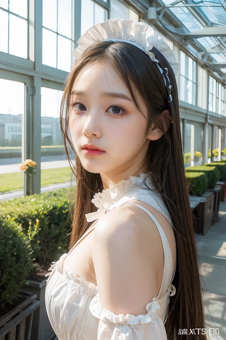 ((flower style)), (advntr), (1girl), (((solo))), (realistic:1.5), light particles, light rays, victorian, (best illustration), photorealistic, octane render, 8k, neon light, flying cars, detailed face, detailed eyes, ((maid)), maid headband, long braid, very long hair, blonde hair, blue eyes, (sharp eyeliner, eyeshadow, detailed eyes:1.1), (Ulzzang-6500), model pose, (standing), (outdoors), noon time, public area, indoors, (green house in the background), BREAK G36 1 girl, solo,