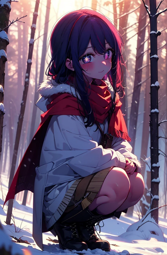 aihoshino, Ai Hoshino, Long Hair, bangs, (Purple eyes:1.1), Purple Hair, (Symbol-shaped pupil:1.5), smile,,smile,blush,White Breath,
Open your mouth,snow,Ground bonfire, Outdoor, boots, snowing, From the side, wood, suitcase, Cape, Blurred, , forest, White handbag, nature, Squat, Mouth closed, Cape, winter, Written boundary depth, Black shoes, red Cape break looking at viewer, Upper Body, whole body, break Outdoor, forest, nature, break (masterpiece:1.2), Highest quality, High resolution, unity 8k wallpaper, (shape:0.8), (Beautiful and beautiful eyes:1.6), Highly detailed face, Perfect lighting, Extremely detailed CG, (Perfect hands, Perfect Anatomy),
