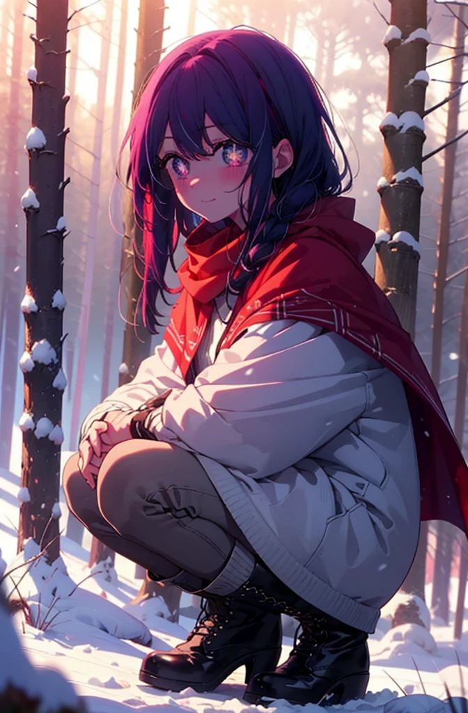 aihoshino, Ai Hoshino, Long Hair, bangs, (Purple eyes:1.1), Purple Hair, (Symbol-shaped pupil:1.5), smile,,smile,blush,White Breath,
Open your mouth,snow,Ground bonfire, Outdoor, boots, snowing, From the side, wood, suitcase, Cape, Blurred, , forest, White handbag, nature, Squat, Mouth closed, Cape, winter, Written boundary depth, Black shoes, red Cape break looking at viewer, Upper Body, whole body, break Outdoor, forest, nature, break (masterpiece:1.2), Highest quality, High resolution, unity 8k wallpaper, (shape:0.8), (Beautiful and beautiful eyes:1.6), Highly detailed face, Perfect lighting, Extremely detailed CG, (Perfect hands, Perfect Anatomy),