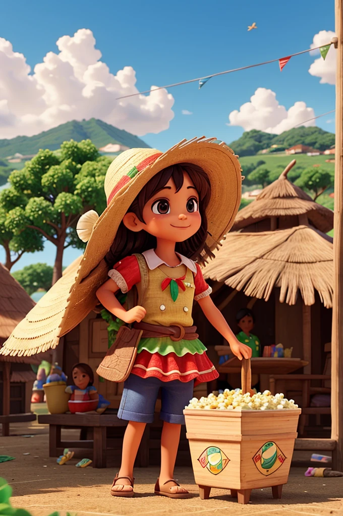 São João, little flags, typical Brazilian , country costumes, sweets and popcorn, straw hat, bonfire, 3D, creative scene