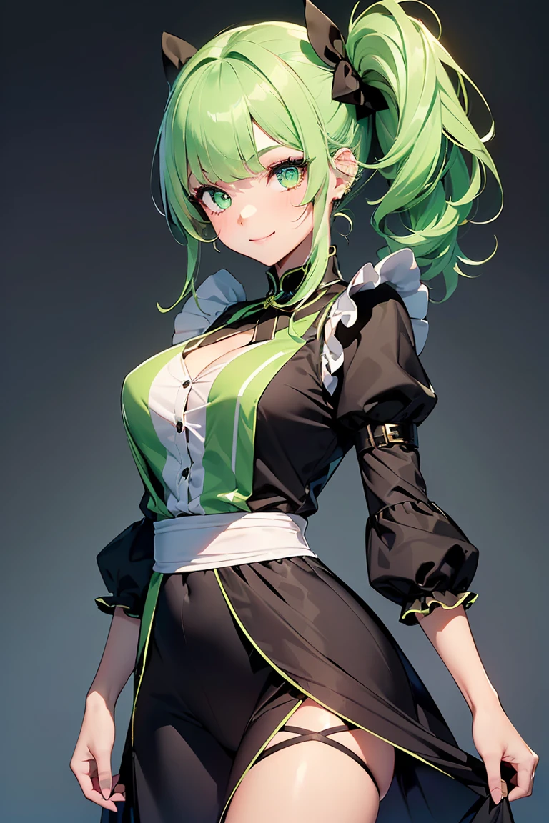 ((1 Girl)), (Simple maid clothes), Mansion, Latest Trends in Clothing, Cowboy Shot, Cute Costumes,hair ornaments,((Very detailed,Highest quality, High resolution, 8k wallpaper, Beautiful clothes,)),((Pastel colored hair, Mid Cut, Side Ponytail,A kind smile, ((Asymmetrical bangs)) ,(Bright green eyes),eye shadow, eyeliner,Glowing Eyes, Very detailed目, Complex eyes, Beautiful Eyes, 輝くBright green eyes、18-year-old girl, 