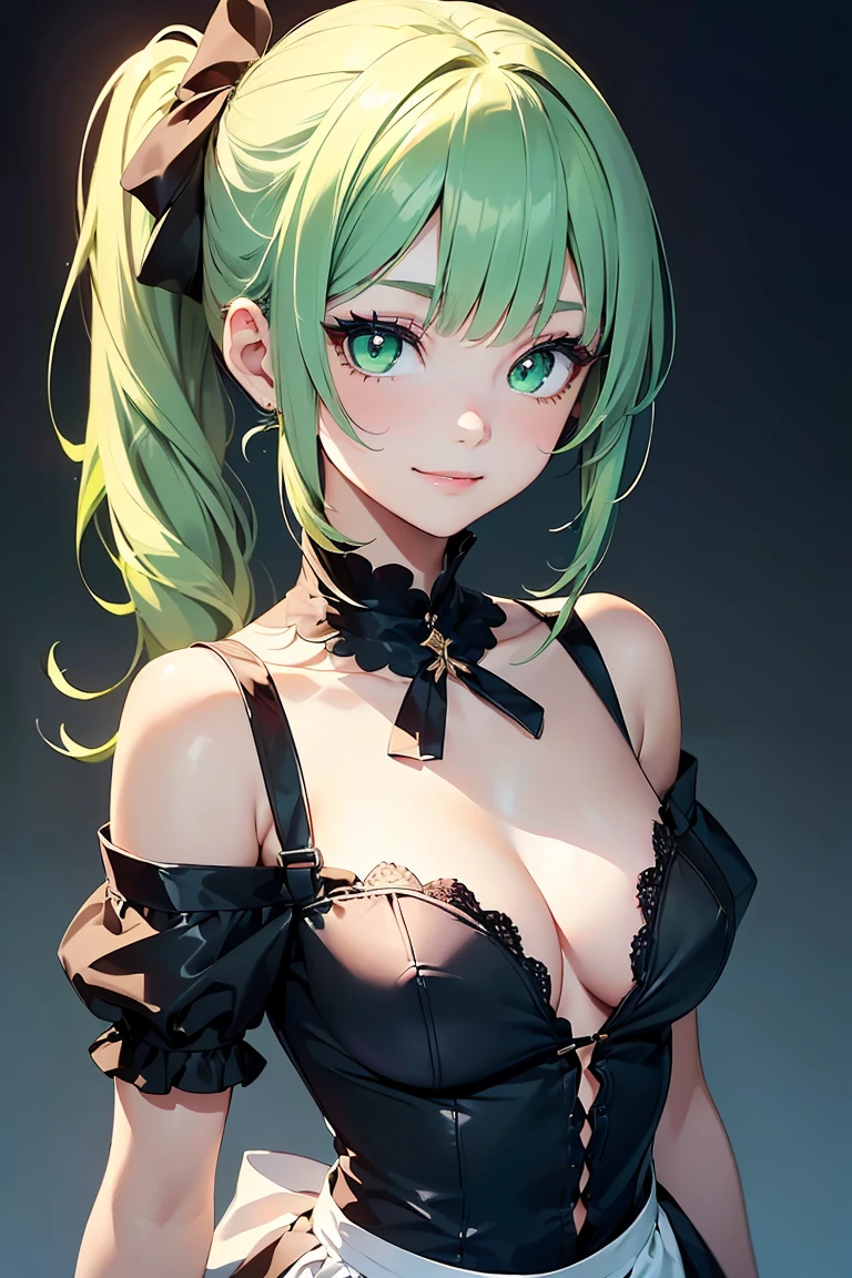 ((1 Girl)), (Simple maid clothes), Mansion, Latest Trends in Clothing, Cowboy Shot, Cute Costumes,hair ornaments,((Very detailed,Highest quality, High resolution, 8k wallpaper, Beautiful clothes,)),((Pastel colored hair, Mid Cut, Side Ponytail,A kind smile, ((Asymmetrical bangs)) ,(Bright green eyes),eye shadow, eyeliner,Glowing Eyes, Very detailed目, Complex eyes, Beautiful Eyes, 輝くBright green eyes、18-year-old girl,