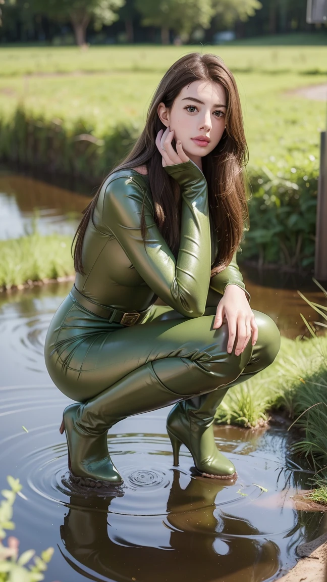 Young Anne Hathaway has long brown hair,Wearing a green shiny full body suit，Full breasts，Long legs，Over the knee boots，Wear a belt，，Squatting in the swamp，The body was covered in mud stains，Full body picture，Realistic