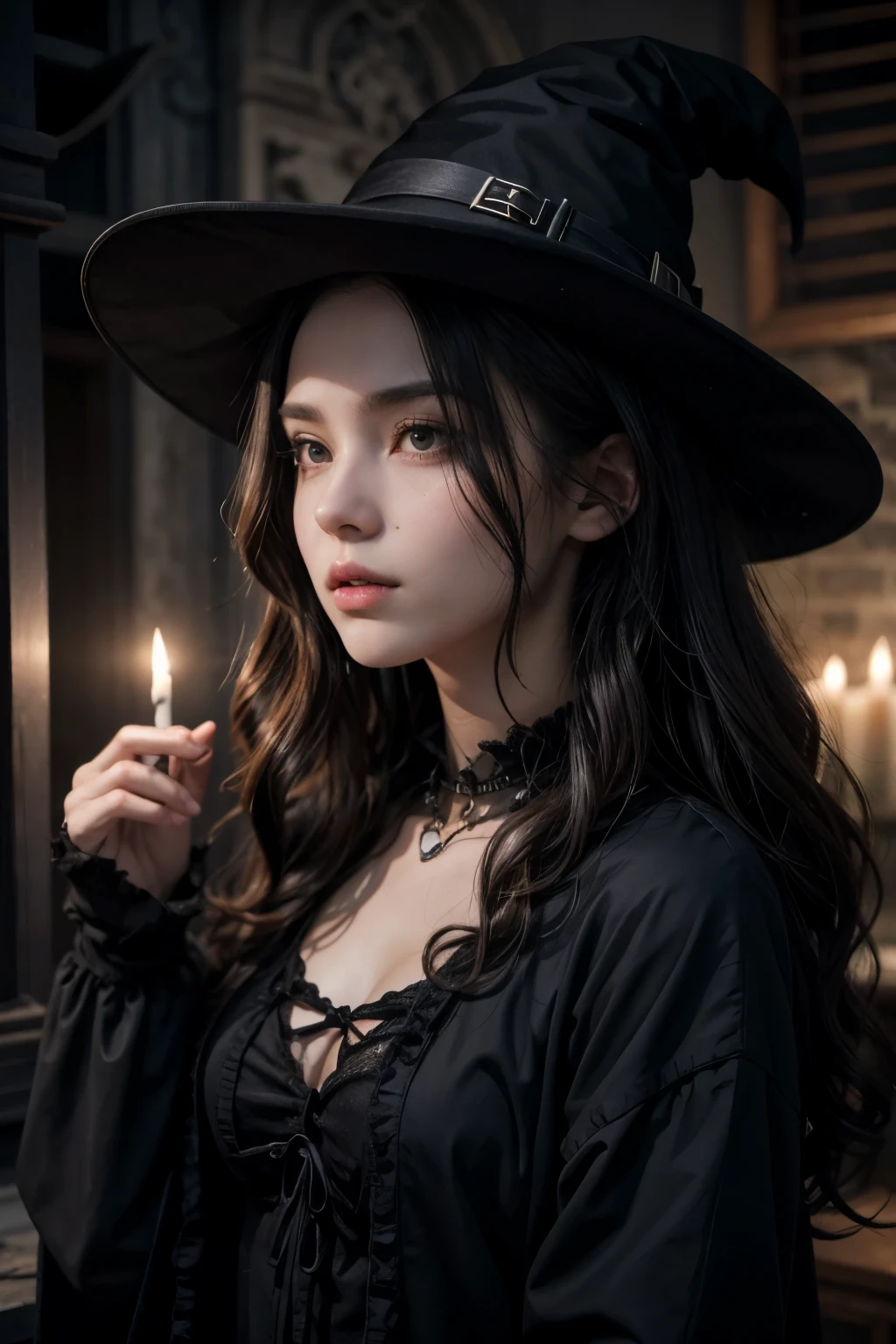 necromancer, morbid clothes, witch, dark wavy hair.