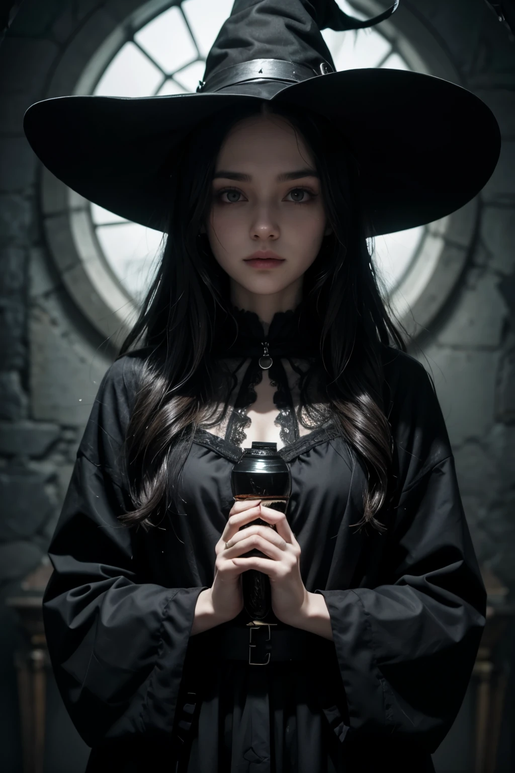 necromancer, morbid clothes, witch, dark wavy hair.
