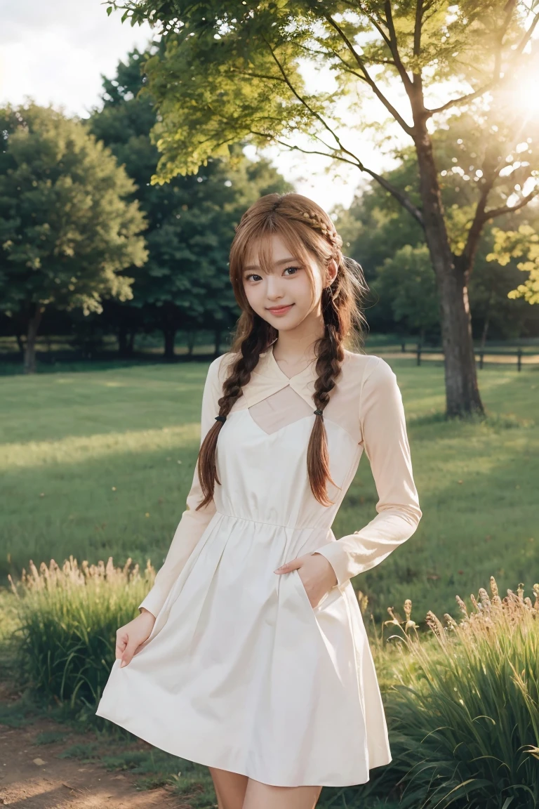 1girl, 20 years old, tall and attractive, wearing a cute country dress, hair braided, standing in a rustic farm setting. She has a soft, gentle smile and expressive eyes. In the background are charming barns, golden wheat fields and clear blue skies. The composition should be bathed in warm golden hour light, with soft depth of field and soft bokeh to accentuate the idyllic tranquility. Capture images as if they were shot on vintage 35mm film for added oomph, filmg,