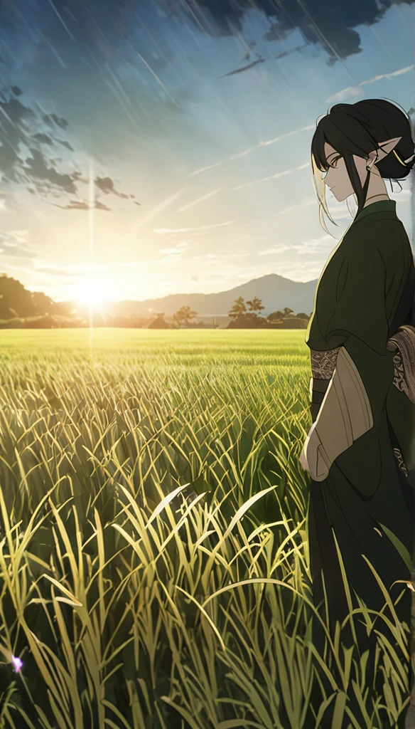 1man, elven ears, earth god, dark black hair, short fluffy hairstyle, glowing grey eyes, rice field, Thailand, elegant thai clothes,