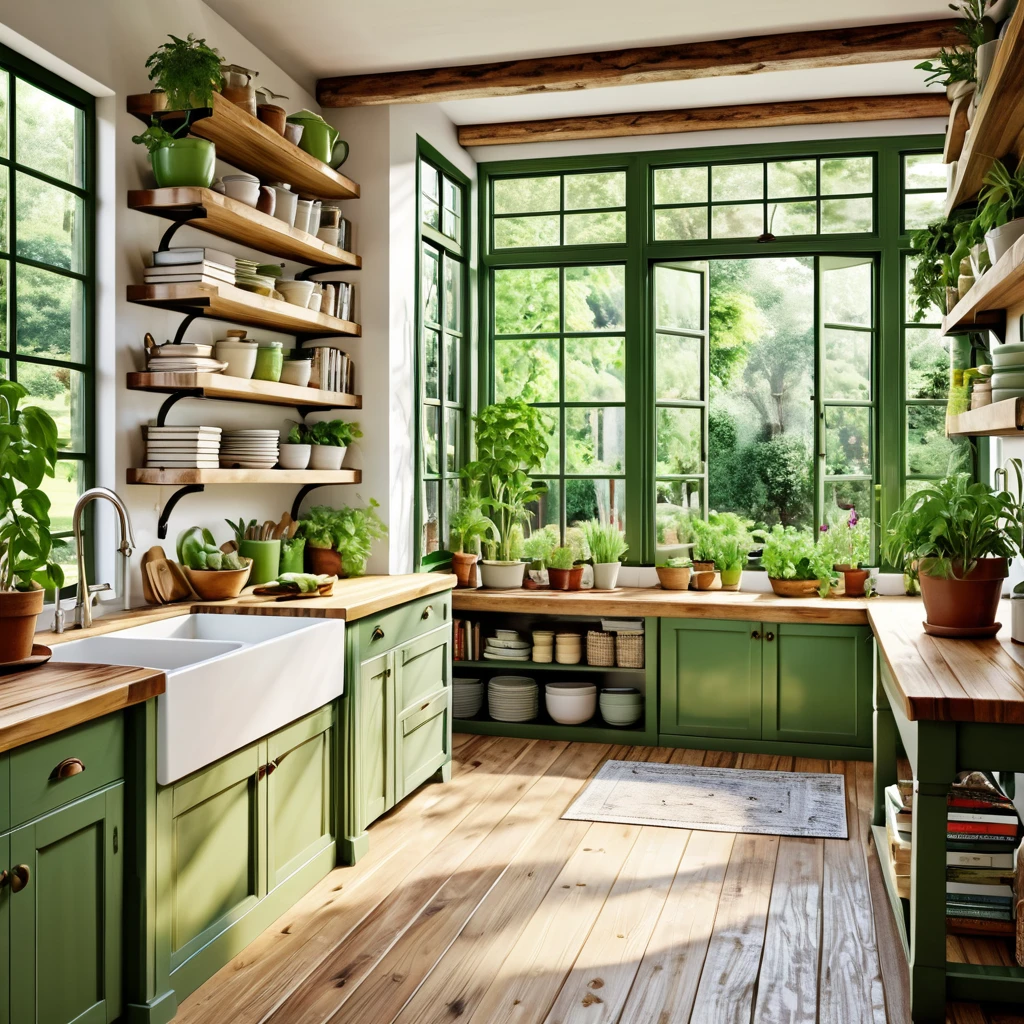 A charming kitchen space that combines books and greenery in a rustic setting. The kitchen includes green and white cabinets, wooden countertops, and a farmhouse sink. Books are stacked neatly on shelves alongside a variety of potted plants. Large windows provide ample natural light and a view of a thriving garden, enhancing the cozy and serene environment.
