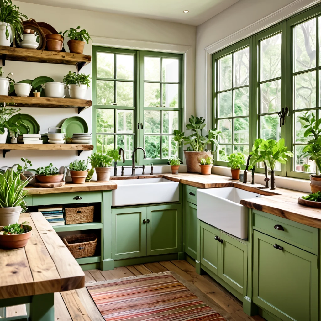 A charming kitchen space that combines books and greenery in a rustic setting. The kitchen includes green and white cabinets, wooden countertops, and a farmhouse sink. Books are stacked neatly on shelves alongside a variety of potted plants. Large windows provide ample natural light and a view of a thriving garden, enhancing the cozy and serene environment.