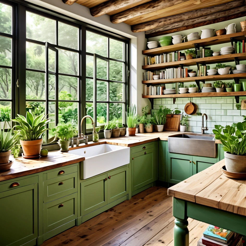 A charming kitchen space that combines books and greenery in a rustic setting. The kitchen includes green and white cabinets, wooden countertops, and a farmhouse sink. Books are stacked neatly on shelves alongside a variety of potted plants. Large windows provide ample natural light and a view of a thriving garden, enhancing the cozy and serene environment.