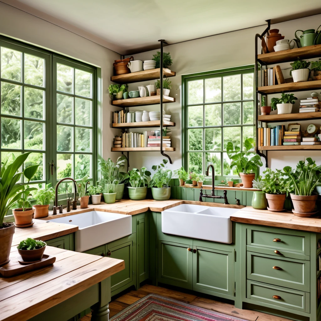 A charming kitchen space that combines books and greenery in a rustic setting. The kitchen includes green and white cabinets, wooden countertops, and a farmhouse sink. Books are stacked neatly on shelves alongside a variety of potted plants. Large windows provide ample natural light and a view of a thriving garden, enhancing the cozy and serene environment.