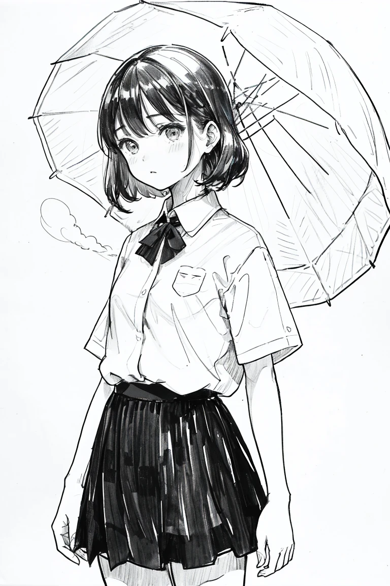 One Girl,Line art,Monochrome,sketch,Pencil drawing,Traditional Media,One Girl, Upper body,Respect,pattern,Cold Background,Beaver ,Delicate body、water、liquid、cloud、, Short sleeve, skirt, alone、(Cute Teenage Girl, alone),Beautiful portrait、Respect、Expressionless、No emotion、Black-haired、