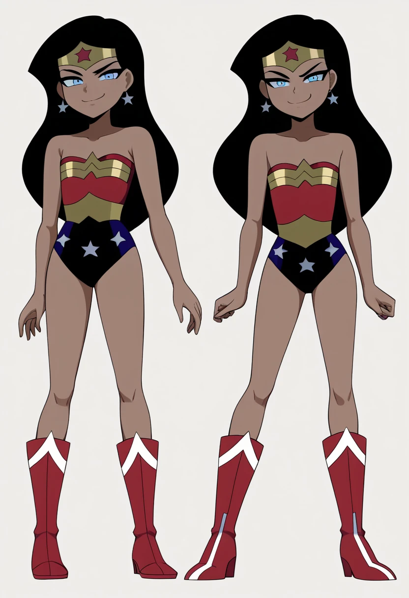 1girl, wwkd black hair, long hair, blue eyes, dark skin, bare shoulders, earrings, flat chest, jewelry, leotard,
tiara, smug, standing
hands behind back, smile, full body, red boots, looking at viewer, solo, simple background, white background