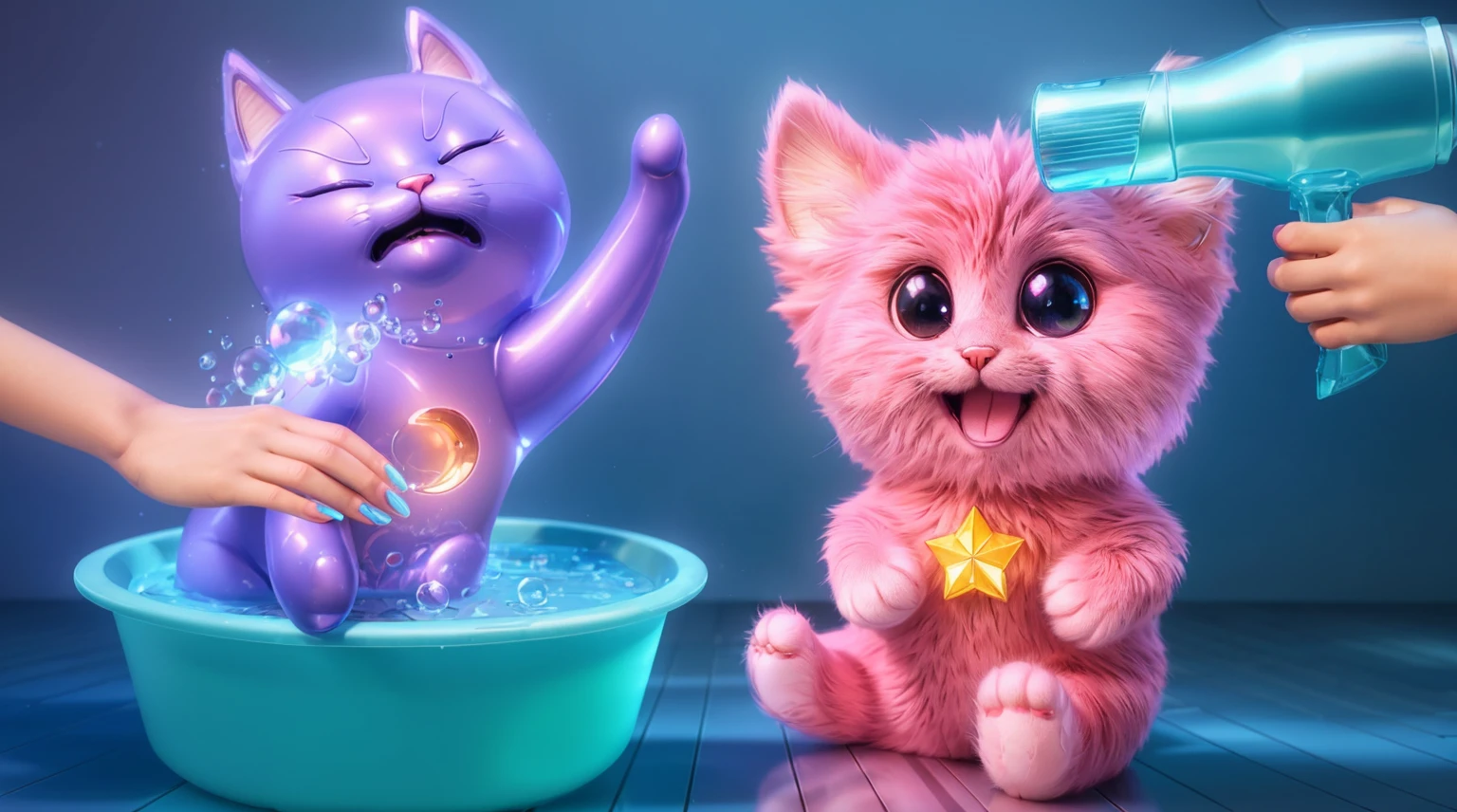   A cat is sitting in a bathtub filled with bubbles, and a fluffy cat is standing next to it, beeple and jeremiah ketner, adorable digital painting, 3 d icon for mobile game, 3 d littlest pet shop cat, cat cat dreamcats, cat from the void, normal map, cute detailed digital art, cats cat dreamcats, cat. digital painting, cute 3 d render, nights. multiple light sources, rim light, sharp post effects render, (glossy plastic texture with multiple big light probe refractions), perfect cgi, cgi art, smooth silhouette, high intensity refraction, (plastic material), most beautiful vfx, blue background, plastic refractions. It in 4k resolution, allowing viewers to immerse themselves in the richness of the colors and intricate details. The realistic rendering. under the spotlight, reflecting, high-resolution image, realistic rendering, dark background, and rim light photorealistic.