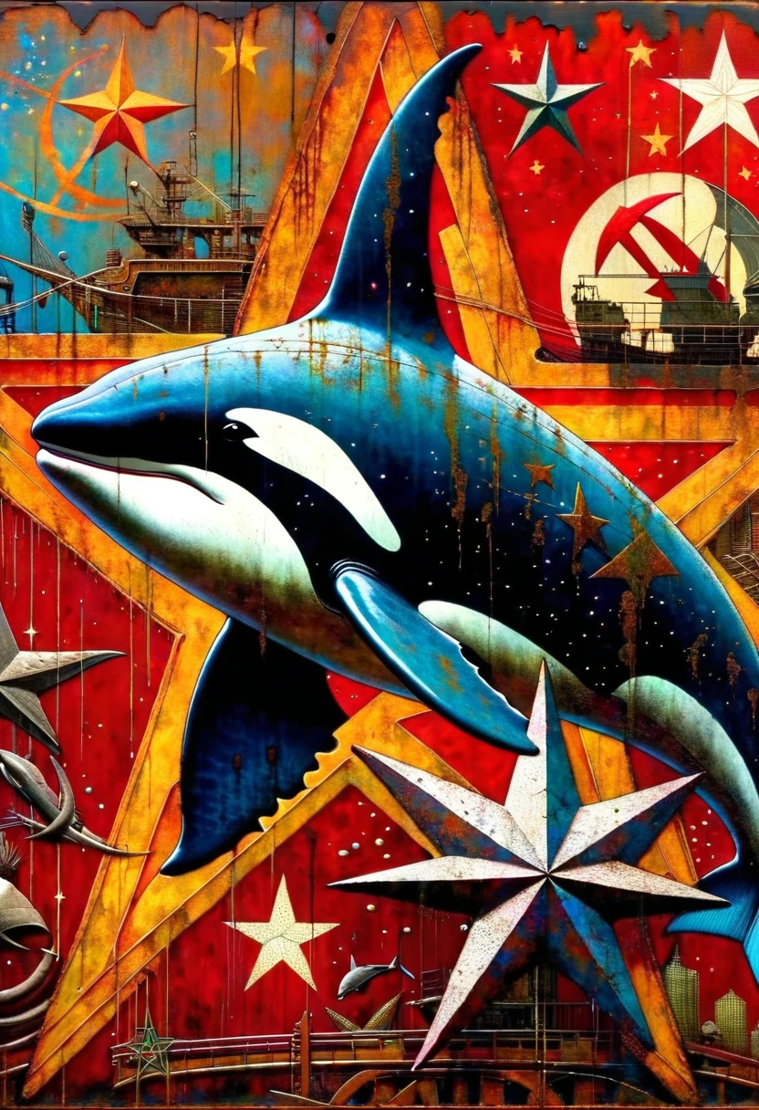 decorative rusty metal sign with a drawing of an killer whale and a communist star, artwork inspired by Dave McKean, vivid colors, intricate details, oil painting.

