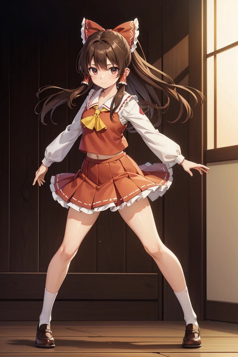 Reimu Hakurei, (Brown eyes:1.5), Brown Hair, bow, hair bow, Hair Tube, Long Hair, red bow, Side Lock, (((Slender body)))、(Girls' School Uniform)、
Full Body Shot,Smile Break (masterpiece:1.2), Highest quality, High resolution, unity 8k wallpaper, (figure:0.8), (Beautiful attention to detail), Highly detailed face, Perfect lighting, Highly detailed CG, (Perfect hands, Perfect Anatomy)