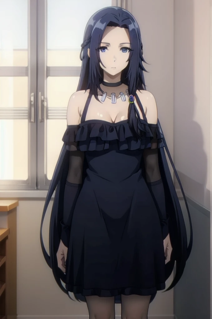 blue hair,,long hair,blue eyes,dress,in the office,