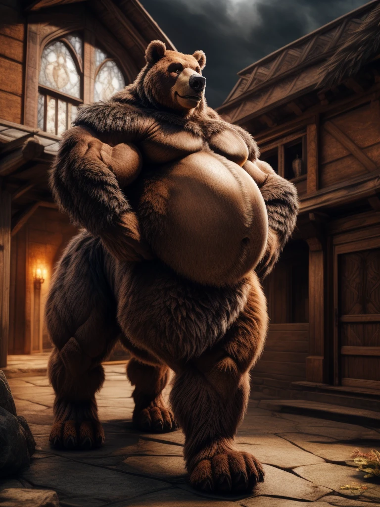 1boy, 1man, solo, (furry bear), (topless, white fundoshi), scary face, well-muscled old man, bearded, dark forest. ((chubby, fat belly, huge belly, massive belly, extremely huge muscular, massive muscular, extremely muscle size, super thick arms, huge pec, hyper pec, bigger chest, extremely wide pectoral , huge arms)), wide smiling. Add textures and details to make the image more realistic, such as the appearance of the. Make sure the resulting image is high resolution, 8K quality