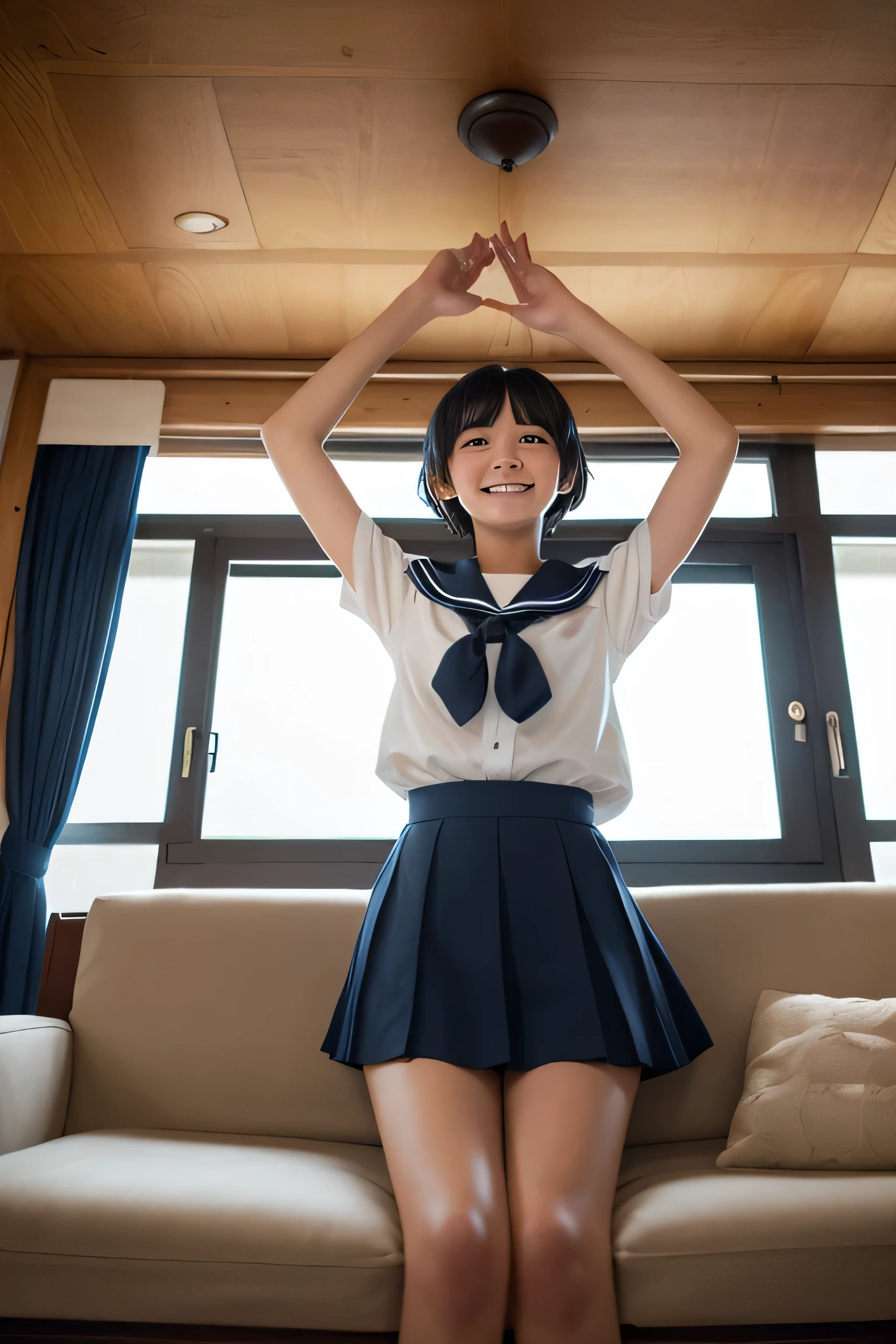 People Girls, short hair,Black Hair,smile, summer, room,sofa, , Legs together,Looking up from below, Sailor suit, whole body,transparent, (masterpiece, Highest quality), Soft Light, Structure of the film, Cinematic