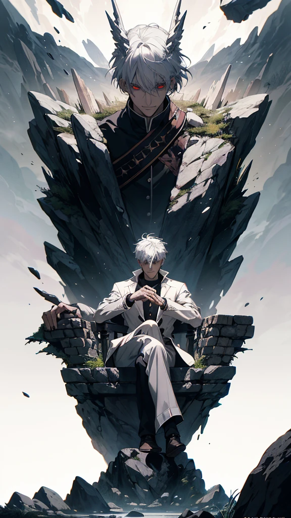 white haired, a man sits on at rock throne, ruinscape background, and simple white outfit, red eye, Masterpiece, Best Quality, Ultra-detailed, illustartion, concept art in 8K resolution, Fantasy art, epic art, concept art wallpaper 4k, Deep color, natural lighting