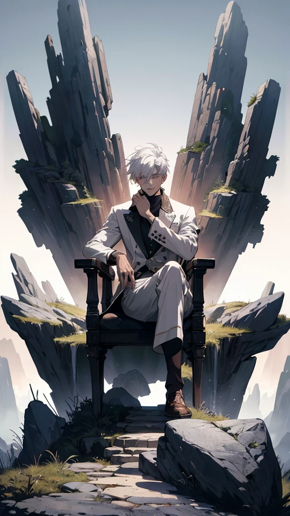 white haired, a man sits on at rock throne, ruinscape background, and simple white outfit, red eye, Masterpiece, Best Quality, Ultra-detailed, illustartion, concept art in 8K resolution, Fantasy art, epic art, concept art wallpaper 4k, Deep color, natural lighting