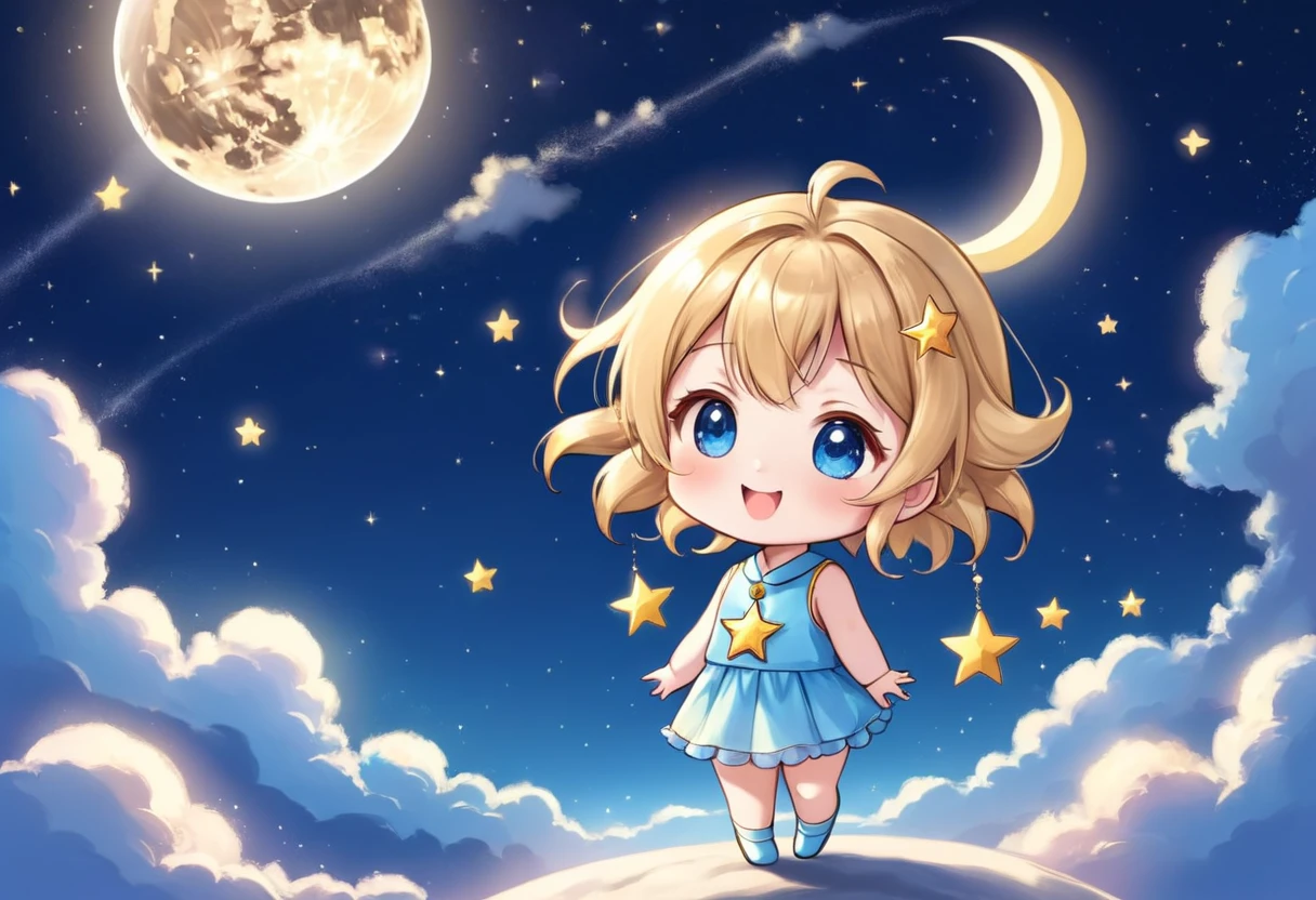 The Happy star to Moon talks, in the sky. it does not have people and earth, chibi style, cartoon