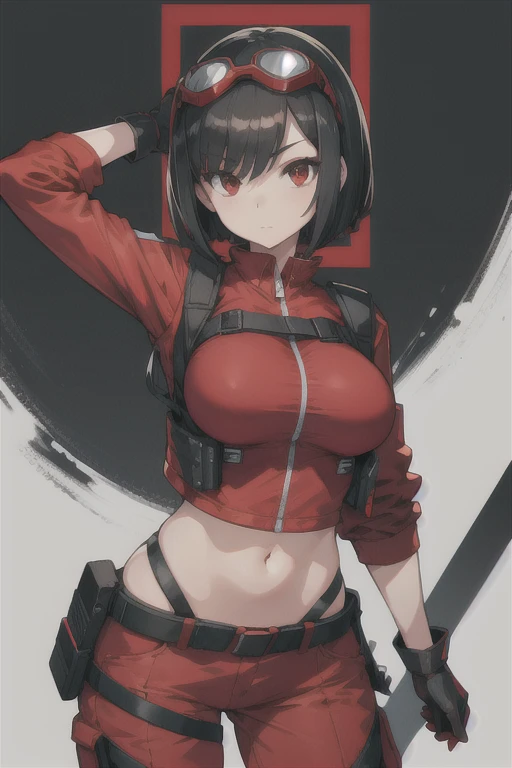 Masterpiece, best quality, 1girl, solo, black hair, short hair, short bob, red eyes, looking at viewer, (techwear jacket:1.3), red gloves, red utility pants, goggles on head, utility belt, (perfect breasts:1.3), facing viewer, ((red shirt)) mature female, big bust, nice hips