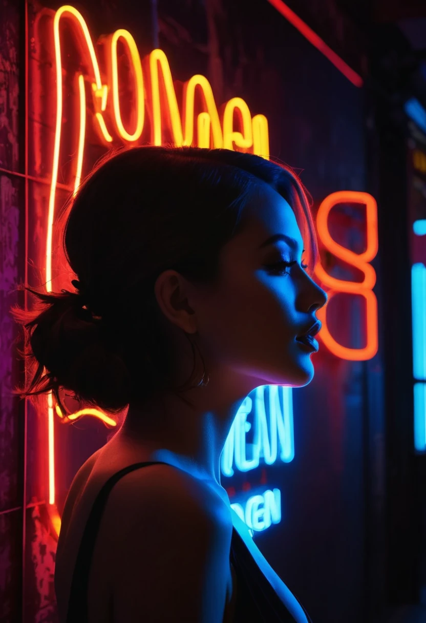 Side face silhouette,Shadow of beautiful woman under neon sign,Huge neon signboard,(Neon sign with text:1.5)