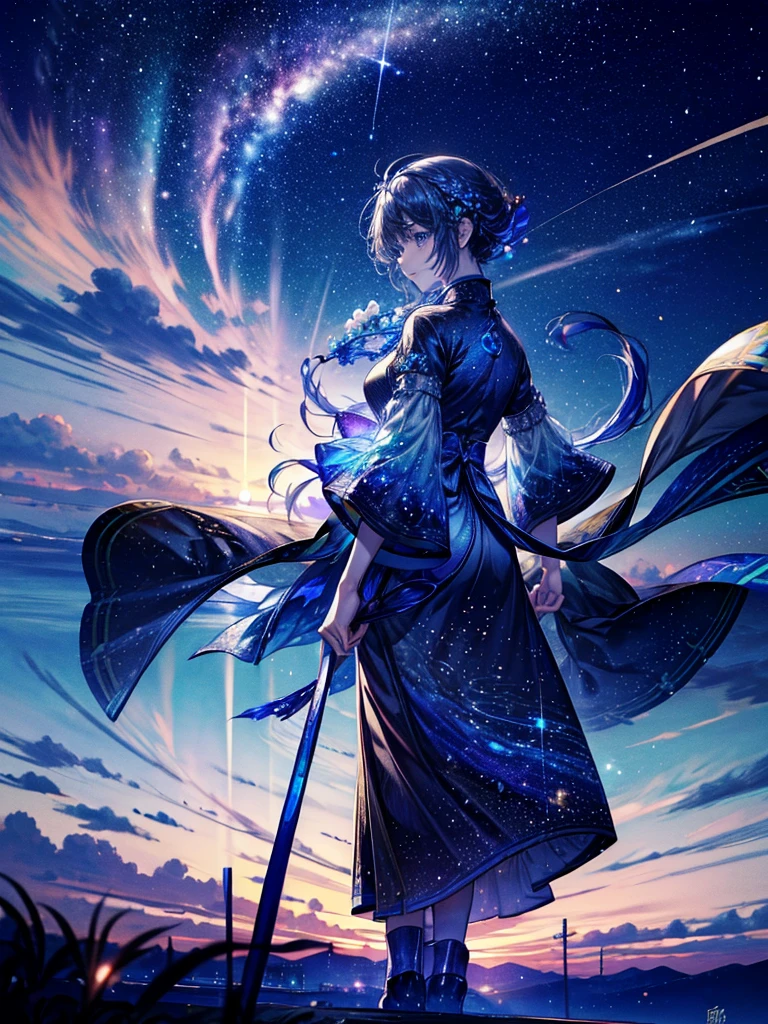 landscape、The view in the glass、Starry Sky、constellation、nebula、beautiful、In the sky、Aurora、god秘的、Super detailed、masterpiece、Highest quality、Transparency、Shine、god々Shii、The back of a beautiful woman、Flowing Hair、Standing on a cliff