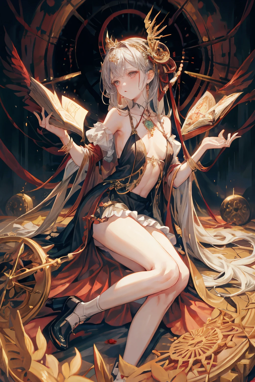 ((best quality)), ((masterpiece)), (detailed), 1girl, Character design, NSFW, scholarly female, scholar, female scholar, educator, teacher, fortune teller, palm reader, astrology, astrological symbolism, star reading, celestrial theme, heavens, heavens above, constellations, blood magic, blood mage, dynamic poses, long white grey hair, grey white eyes, very skinny, detailed, best quality, no accesoires around the neck, no shoes, prominent collarbones, skinny arms, flat stomach, visible hip bones, full body, blank white background, plain background, white background, red and white clothing, Bloodborne inspired, occult aesthetic, occult, detailed and intricate steampunk and detailed gothic, NSFW, Fluttering lace flared long knee length dress with frilly petticoats, knee length dress, pleated petticoats, petticoats gothic, complex lace boots, gothic aesthetic, wielding a mighty sword with mechanical components, mandalas, small breasts, a fairy, various different types of insect wings, bug wings, beetle wings, NSFW, full body, whole body, body, chains,