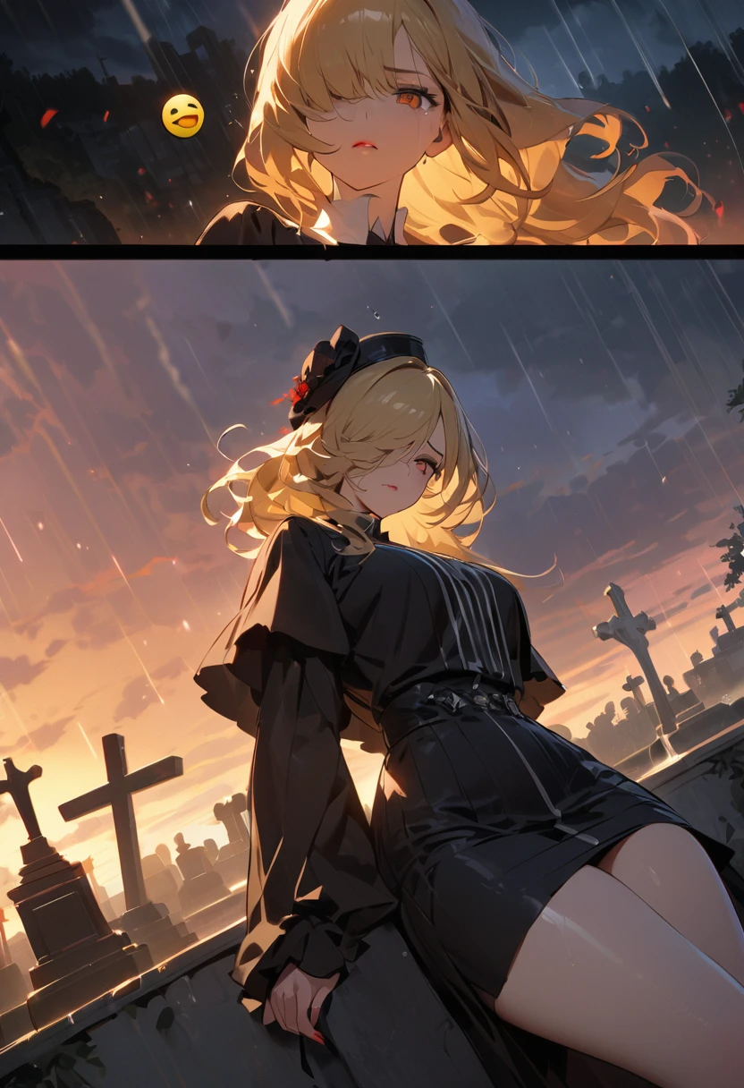 Not suitable for working hours,Top quality,Ultra HD8k插画壁纸,超high resolution,masterpiece,high resolution,8K,Ultra HD,Ultra Detail,Detailed lighting,Shaders,Highly detailed 2D illustrations,Extremely delicate and beautiful,Movie Angle,light,Dynamic Angle,戏剧性的light,Extremely detailed,The most detailed,Noise Removal,Cowboy shooting,Anime Face,cemetery,rain,Sunset,,widow,mourning apparel,mourning apparel,Mature Woman,ication,Mature female,Married woman,Medium-length hair,Wavy hair,Blonde hair,tie hair,Hide one eye,Hair covering eyes,Hair covering one eye,Black large veil hat,Long glove,Black dress,Socks,White lingerie,Dark eyelids,Black eyeshadow,dead eyes,Mourning face,Red lips,Golden Eyes,Crying eyes emoji,Desperate expression,Gloomy face,full的,full,Chubby,Thick thighs,Big Ass,Beautiful ass,whole body
