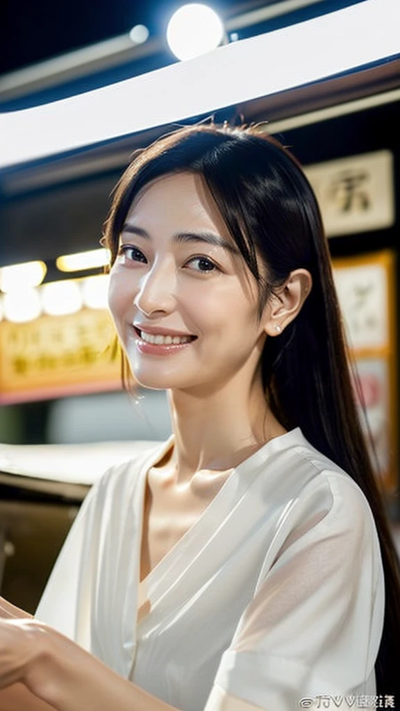 Ultra-realistic front-on portraits taken by a professional photographer。32k, 7 heads、(A short-sleeved business shirt with a wide V-neck and a very thin white fabric.:1.9)。((Highest quality)), ((masterpiece)), (detailed), (midnight ,A Tokyo food stall in the dark under a new moon and light rain, Low Key Lighting:1.6)、(looking at viewer, Staring Intently :1.2), A very beautiful, extremely elegant and intelligent 42 year old Japanese woman.。Very intelligent and goddess-like face。(An extremely elegant, calm and modest smile, Being drunk、My eyes are watering、I'm lustful、embarrassed ,blush, Curvy Body:1.5)、A short, well-groomed, shiny black haircut。The skin is white and very smooth。 (A very hot rainy summer night、I'm pretty sweaty、Her clothes were soaking wet, and through the extremely thin fabric her skin and navy blue, lacy, high-end underwear were clearly visible.:1.9)。(A long navy pencil skirt with a long slit in the front,The clothes fit the body very well:1.8), (The line of the chest, collarbone and décolletage are extremely beautiful.:1.9)。She is looking straight at the camera with a very shy look on her face.。Light makeup and no piercings,A simple and modest pearl necklace、Straddling a chair, spread legs、 cowboy shot