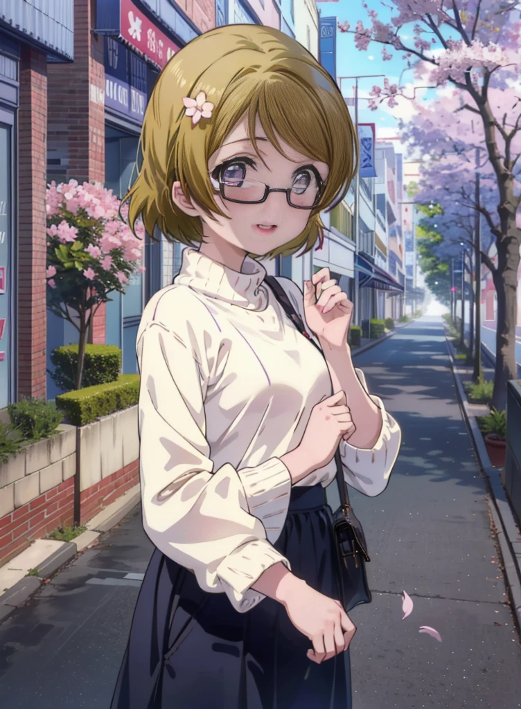 hanayo koizumi, hanayo　Koizumi, short hair, Brown Hair, Purple eyes,Big Breasts,Black-rimmed glasses,sweater,Long skirt,Mini Boots,Cherry blossoms are blooming,Cherry blossoms are scattered,Cherry blossom tree-lined path,happy smile, smile, Open your mouth,As if your whole body is in the illustration,smile,blush,
break looking at viewer, (Cowboy Shot:1. 5)
break outdoors, School　School building, 
break (masterpiece:1.2), Highest quality, High resolution, unity 8k wallpaper, (shape:0.8), (Fine and beautiful eyes:1.6), Highly detailed face, Perfect lighting, Highly detailed CG, (Perfect hands, Perfect Anatomy),