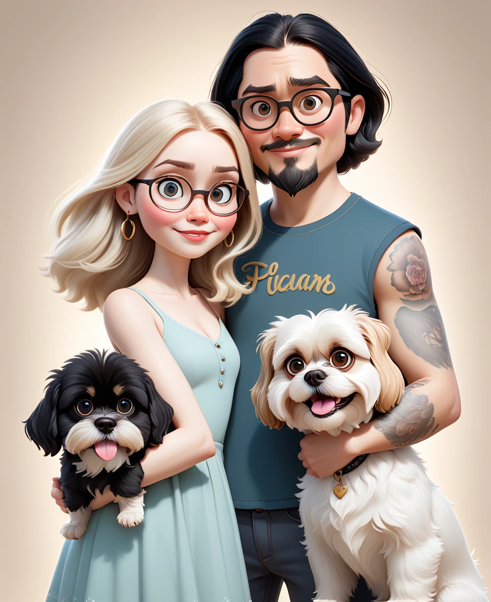 Create a Pixar-style image, realistic and Disney-inspired, depicting a 32-year-old white-skinned man with black hair, slightly muscular. Beside him, a 27 year old blonde woman with long hair, wearing glasses, with completely tattooed arms. Both are accompanied by two Shih Tzu dogs; one with brown fur and the other with white fur and caramelized parts, both approximately 1 . Everyone is together, in a welcoming and cheerful setting