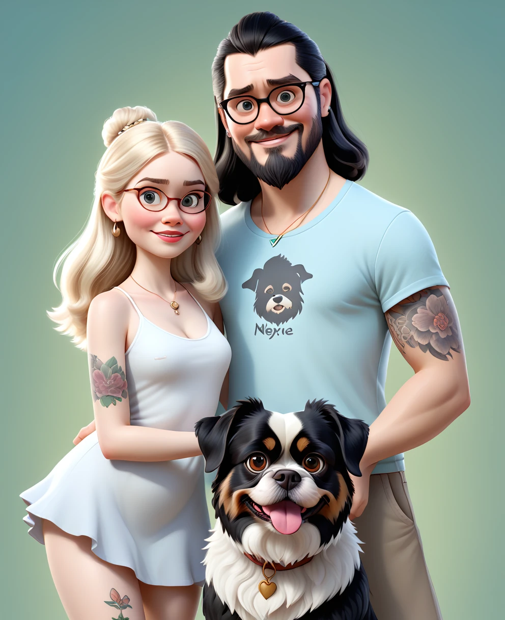 Create a Pixar-style image, realistic and Disney-inspired, depicting a 32-year-old white-skinned man with black hair, slightly muscular. Beside him, a 27 year old blonde woman with long hair, wearing glasses, with completely tattooed arms. Both are accompanied by two Shih Tzu dogs; one with brown fur and the other with white fur and caramelized parts, both approximately 1 . Everyone is together, in a welcoming and cheerful setting