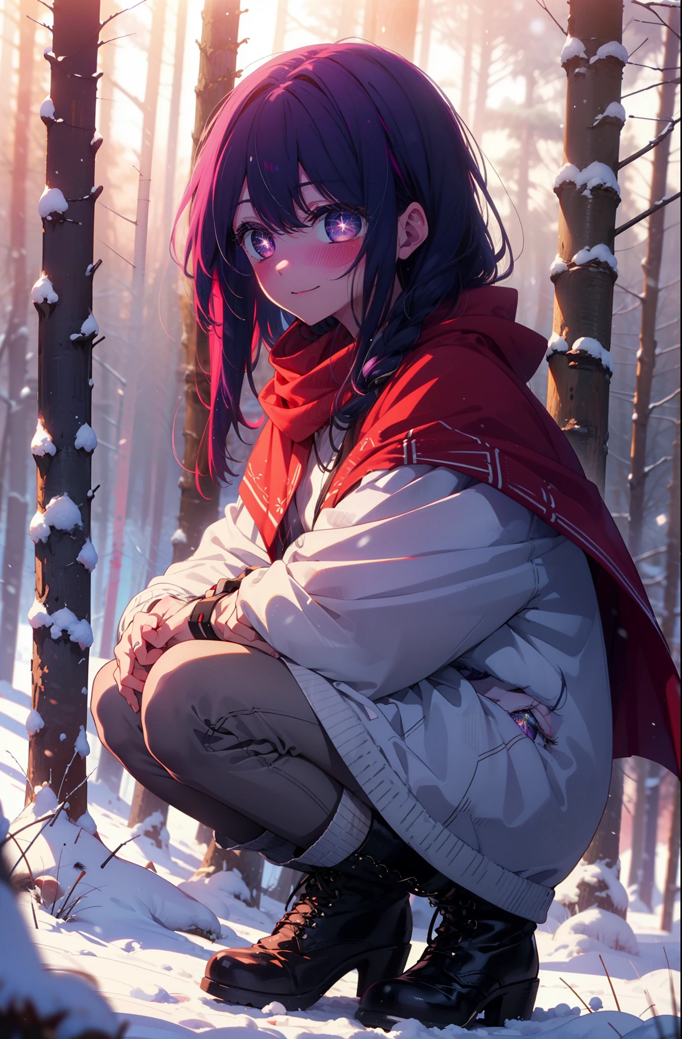 aihoshino, Ai Hoshino, Long Hair, bangs, (Purple eyes:1.1), Purple Hair, (Symbol-shaped pupil:1.5), smile,,smile,blush,White Breath,
Open your mouth,snow,Ground bonfire, Outdoor, boots, snowing, From the side, wood, suitcase, Cape, Blurred, , forest, White handbag, nature, Squat, Mouth closed, Cape, winter, Written boundary depth, Black shoes, red Cape break looking at viewer, Upper Body, whole body, break Outdoor, forest, nature, break (masterpiece:1.2), Highest quality, High resolution, unity 8k wallpaper, (shape:0.8), (Beautiful and beautiful eyes:1.6), Highly detailed face, Perfect lighting, Extremely detailed CG, (Perfect hands, Perfect Anatomy),