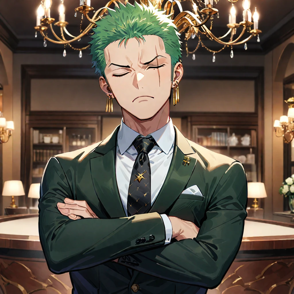 roronoa zoro, male focus, 1boy, green hair, formal, solo, scar across eye, suit, crossed arms, necktie, jewelry, earrings, scar, short hair, scar on face, chandelier, looking at viewer, one eye closed, shirt, frown, alternate costume, ((medium quality)), ((medium quality))