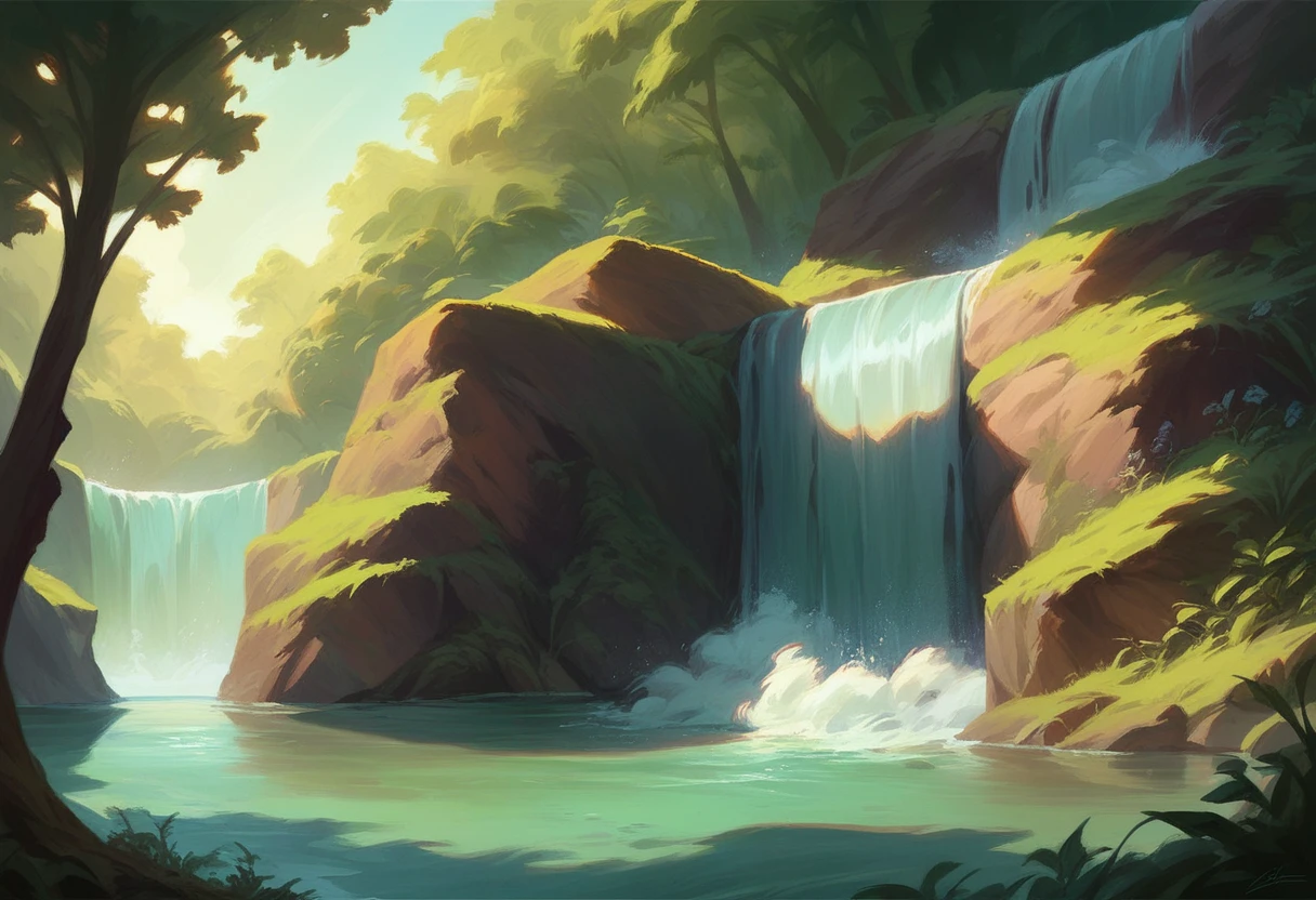 Waterfall in the rays of the rising sun, bright flowers on the slopes, Highly detailed, trending on art station, triadic color scheme, the most beautiful image ever seen, raw prompt, realistic, Oil painting