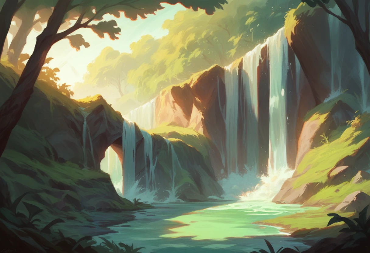 Waterfall in the rays of the rising sun, bright flowers on the slopes, Highly detailed, trending on art station, triadic color scheme, the most beautiful image ever seen, raw prompt, realistic, Oil painting