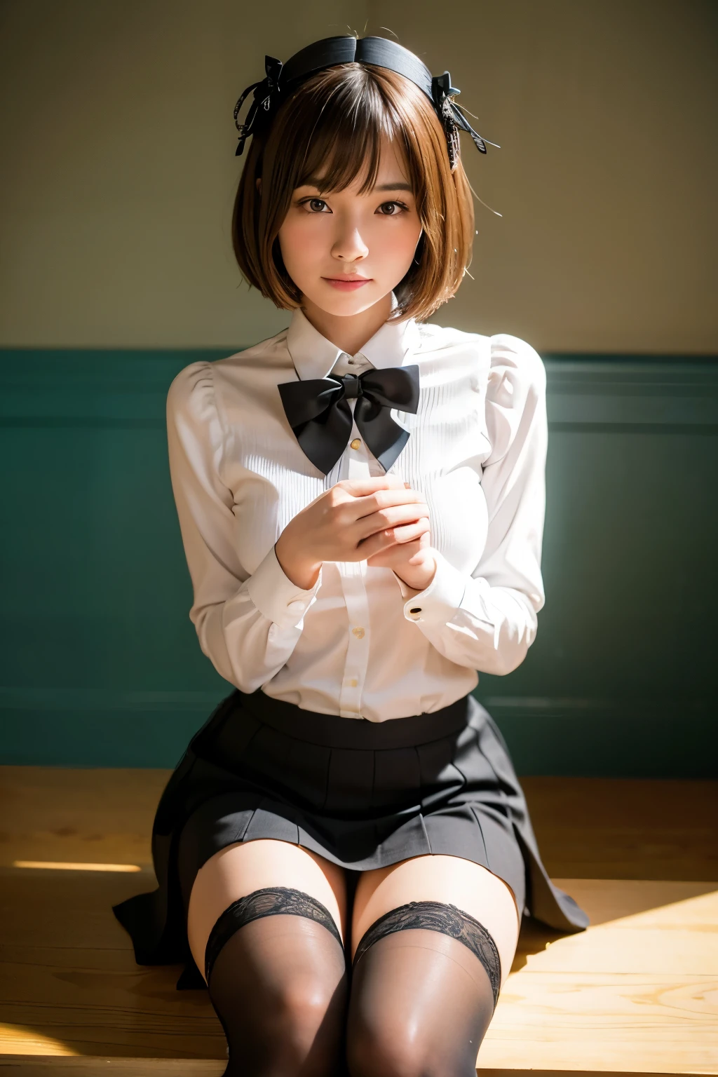Highest quality, Face Focus, Soft Light, Ultra-high resolution, (Realistic:1.4), RAW Photos, 1 Japanese girl, alone, cute, (A shy smile:0.5), (Brown eyes, Light in your eyes), Beautiful face in every detail, (Small box),(High resolution detail of human skin texture), (Bob Hair), break, In the classroom, Gothic Lolita, skirt,Black tights，A bow tie,Are standing，

