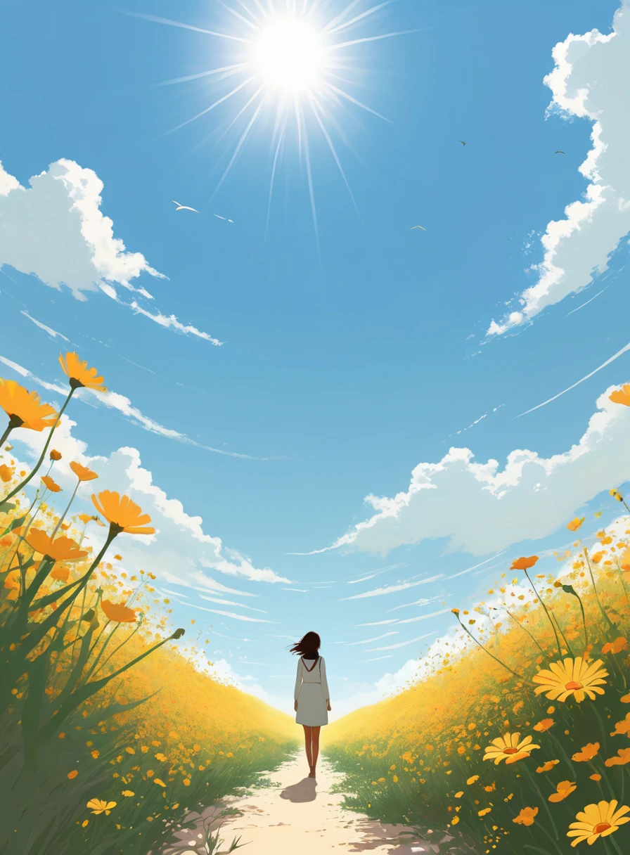 Minimalist Journey, sunny, Sea of Flowers,solitary, 1 girl looking up at the sky, Minimalism, In the savannah, illustration.