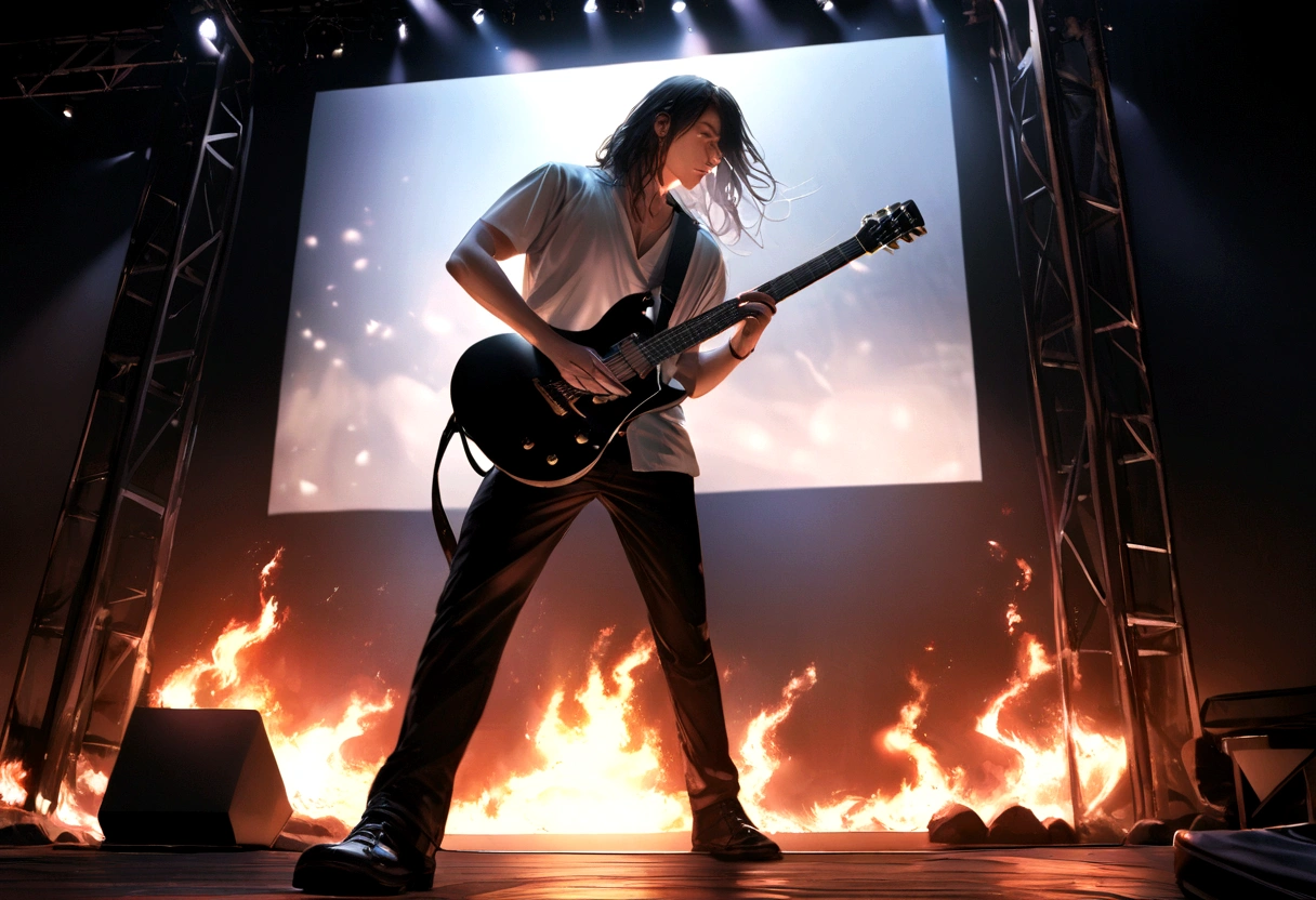 Rock bands. Caucasian guitarist, thin, Very long with black hair, His passion for black and white electric guitar. Playing on a professional stage with lights, haze, screen & flame. A hyper-realistic , profesional lighting,
